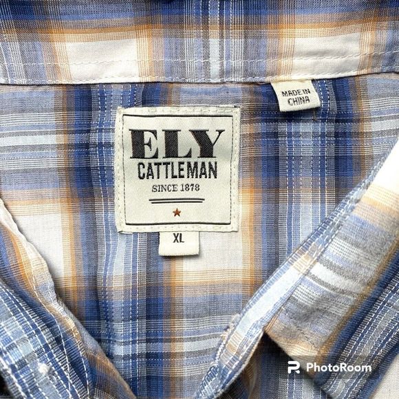 Ely Cattleman Pearl Snap Shirt Mens Med Long Sleeve Red White Plaid Western XL - Picture 6 of 7